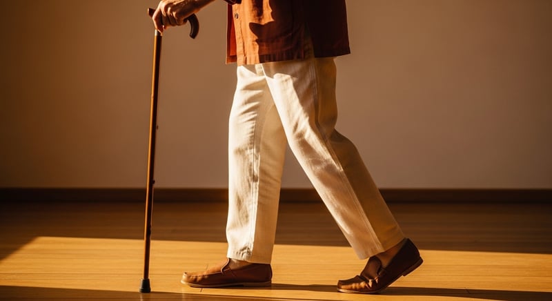 Anonymous senior figure walking with a wooden cane in warm afternoon light