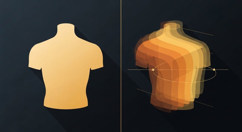 Geometric abstract showing a flat two-dimensional torso shape on the left versus a stacked layered three-dimensional torso with a rotational arc on the right, representing the gap between 2D and 3D pose estimation