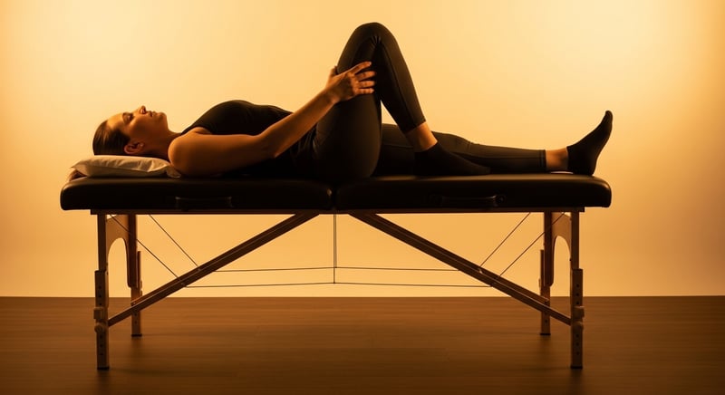 Anonymous person lying on a bench performing the Thomas test, one knee pulled to chest and the other leg hanging off the edge to check hip flexor tightness