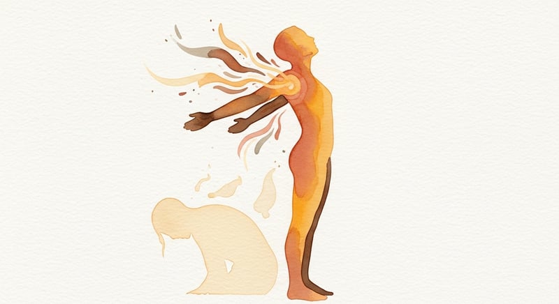 Loose painterly watercolor of an anonymous upright figure radiating warm amber energy waves, a faded hunched silhouette below being left behind, conveying renewal and vitality after back pain relief
