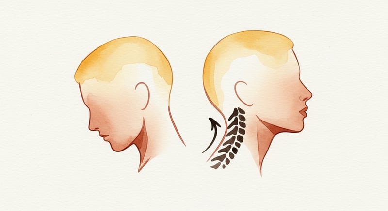 Watercolor side-profile of a head and neck showing the chin-tuck retraction motion in honey gold and copper tones