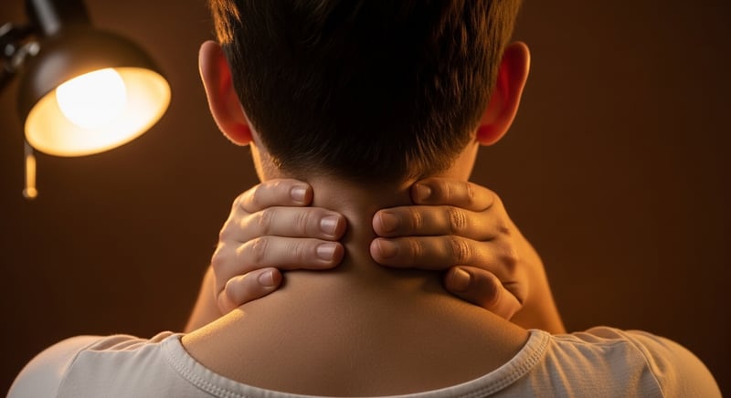 Extreme close-up of an anonymous neck and shoulders demonstrating chin-tuck positioning in warm amber light