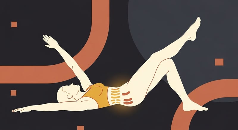 Flat illustration of a stylized figure performing a dead bug exercise with cross-body arm and leg extension pattern