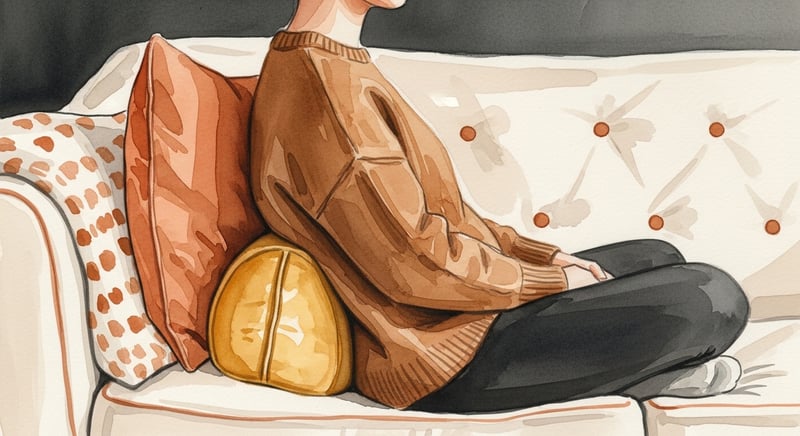 Watercolor illustration of an anonymous person on a couch with a lumbar pillow wedged against the lower back for spinal support
