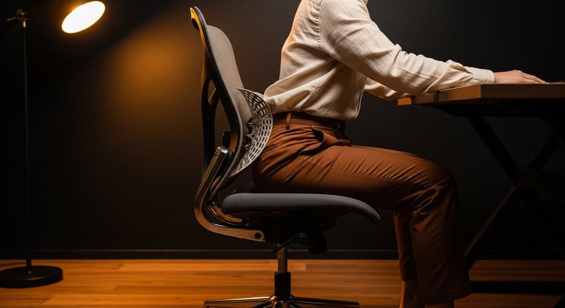 Side-profile editorial photograph of an anonymous person seated in an ergonomic chair with lumbar support and proper hip and knee angles