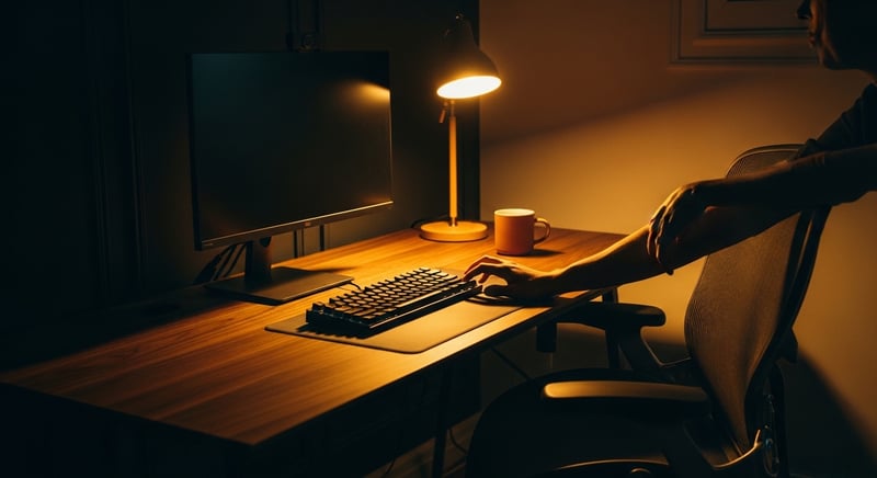 Abstract geometric desk landscape with monitor and keyboard shapes rendered as terrain features