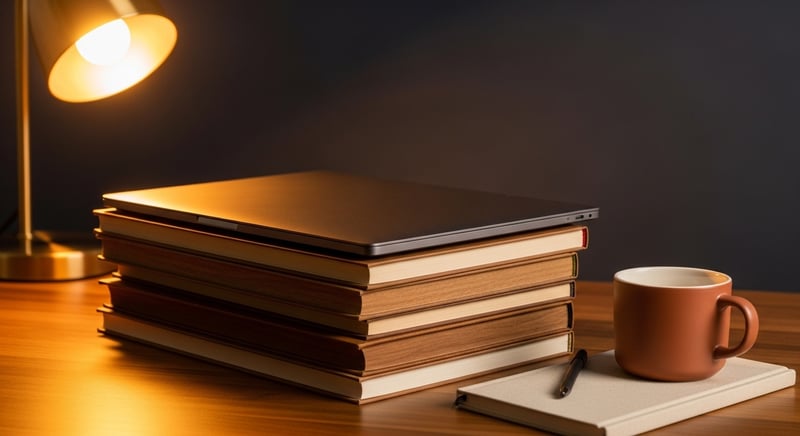 Editorial photograph of a laptop resting on a stack of hardcover books used as an improvised riser on a wooden desk