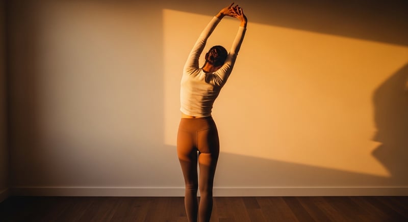 Editorial photograph of an anonymous person mid-stretch with arms raised overhead in warm amber window light