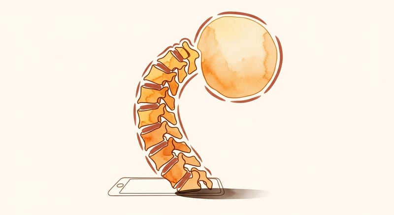 Watercolor illustration of the cervical spine leaning forward with a faint phone outline below, showing how screen use pulls the head out of alignment