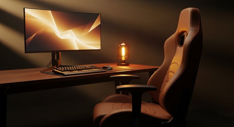 Empty premium gaming desk setup with no person present: ergonomic espresso-brown gaming chair, curved monitor glowing with abstract warm gold light, mechanical keyboard, and a warm amber desk lamp casting soft golden light