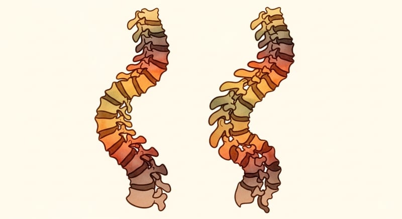 Watercolor illustration comparing a mild reducible postural kyphosis curve on the left with a rigid pronounced structural kyphosis curve on the right