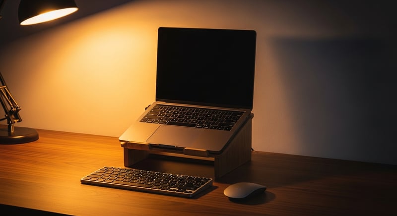 Editorial photograph of a laptop elevated on a wooden stand with an external keyboard and mouse on the desk below