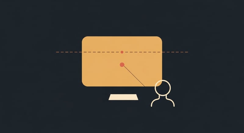 Clean desk setup with monitor at eye level, warm ambient lighting