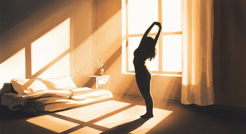 Watercolor of a tranquil morning scene with golden sunlight through a window and an anonymous figure mid-stretch
