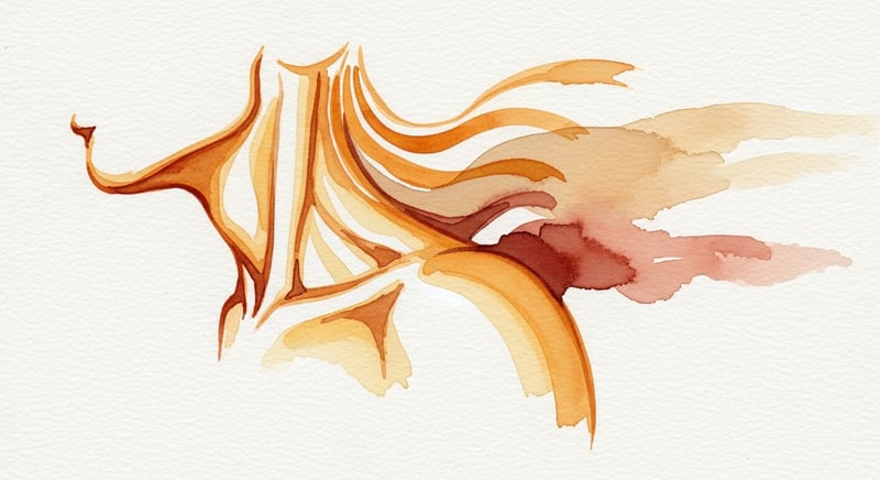 Loose watercolor of the neck and shoulder curve with warm amber ribbons of tension dissolving into soft terracotta washes