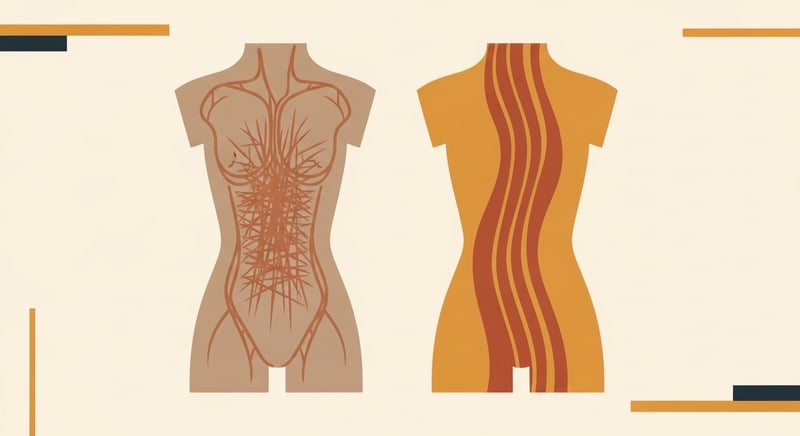 Geometric abstract showing blocked energy flow in a slumped torso versus open flow in an upright one
