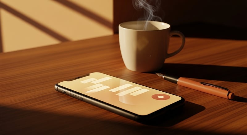Smartphone showing a posture analysis screen placed next to a small spine model and notebook on a warm wooden desk