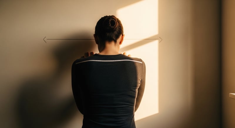 Person standing against a wall performing a posture self-assessment test in warm natural light