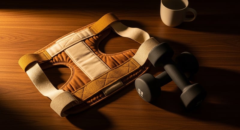 Close-up of a posture corrector brace next to exercise equipment on a wooden surface