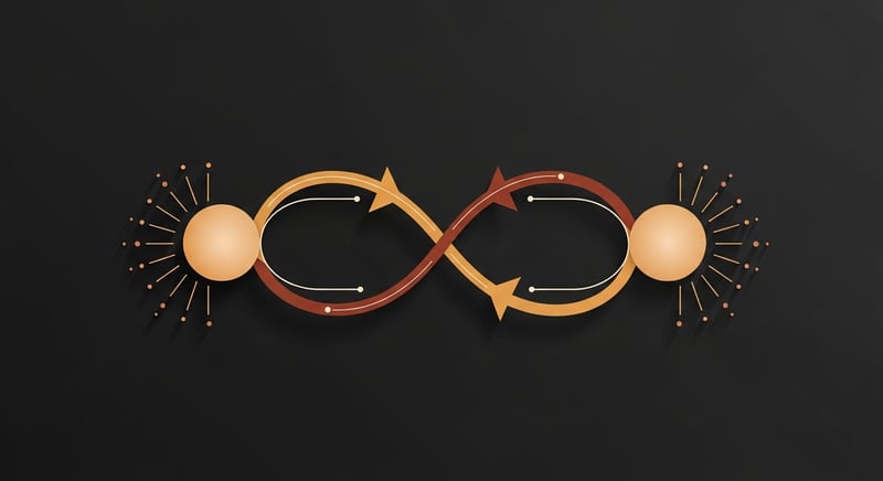 Abstract geometric illustration of two warm gold circles connected by flowing curved arrows representing a mind-body feedback loop