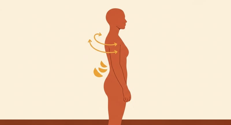 Flat illustration of a standing figure with curved arrows around the upper back representing strengthening exercises for postural muscles