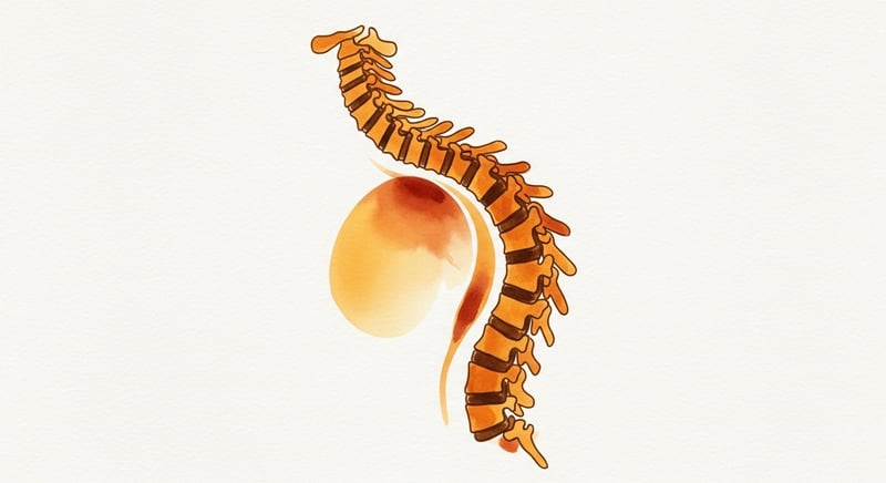 Watercolor illustration of the three natural curves of the human spine rendered in warm amber and terracotta tones