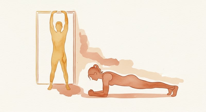 Watercolor of two anonymous figures showing a doorway stretch and a forearm plank working together in honey gold and terracotta