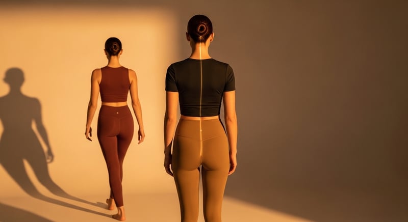 Side-by-side flat illustration of one figure standing still showing skeletal alignment and the same figure mid-walk showing dynamic posture, in warm amber and honey gold on cream background