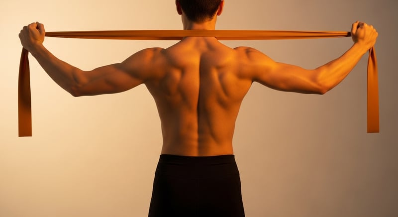 Editorial rear view of an anonymous person performing a resistance band pull-apart with proper shoulder blade retraction, warm amber studio lighting, head cropped above the jaw