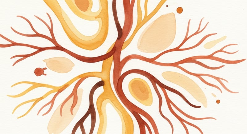 Watercolor illustration of abstracted organic branching shapes representing blood flow and metabolic pathways in warm amber and terracotta washes