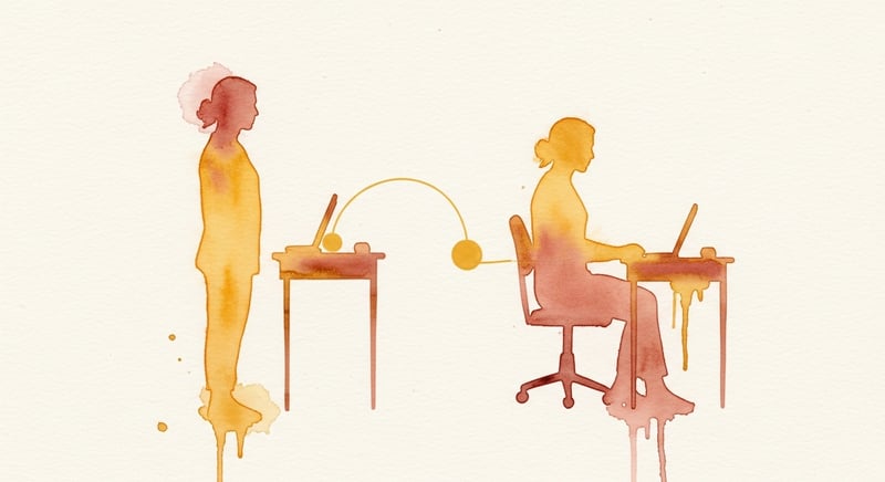 Watercolor illustration showing the rhythm of alternating between standing and sitting at a desk throughout the day