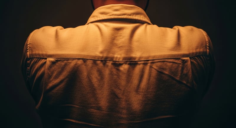 Close-up of anonymous tensed shoulders and upper back in moody warm light