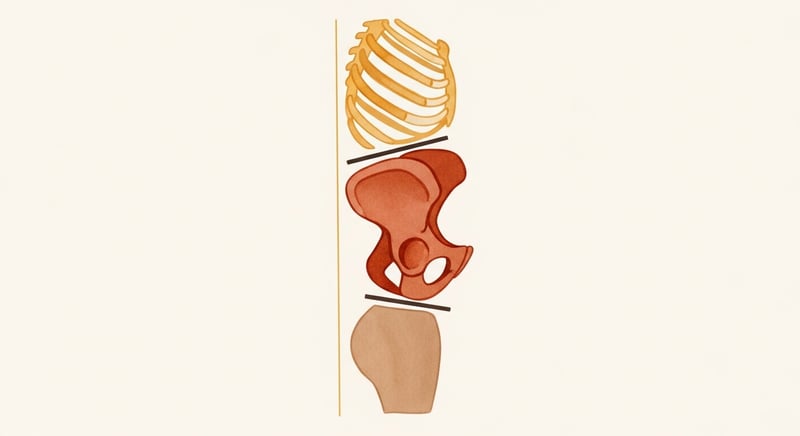 Watercolor illustration of the ribcage, pelvis, and thigh stacked with the pelvis shifted forward ahead of the ribcage, showing the anterior hip displacement of swayback