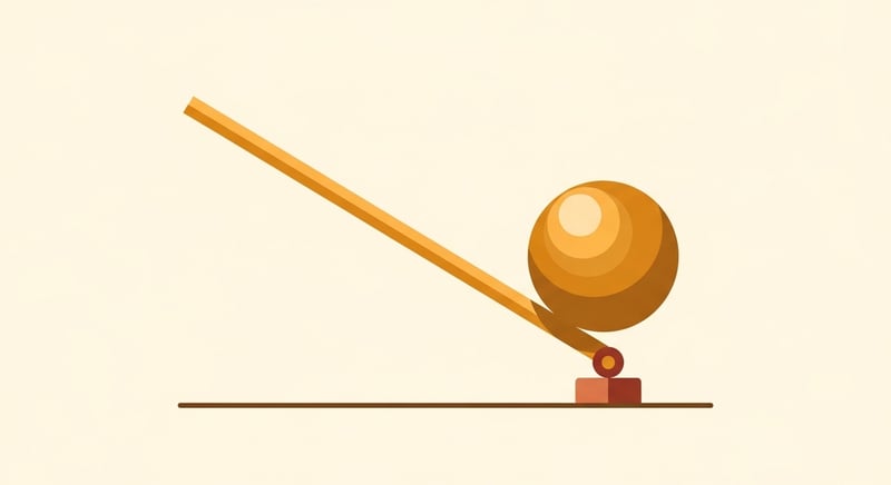 Flat illustration of a lever holding a heavy warm gold sphere representing how the head's weight amplifies force on the neck as tilt increases