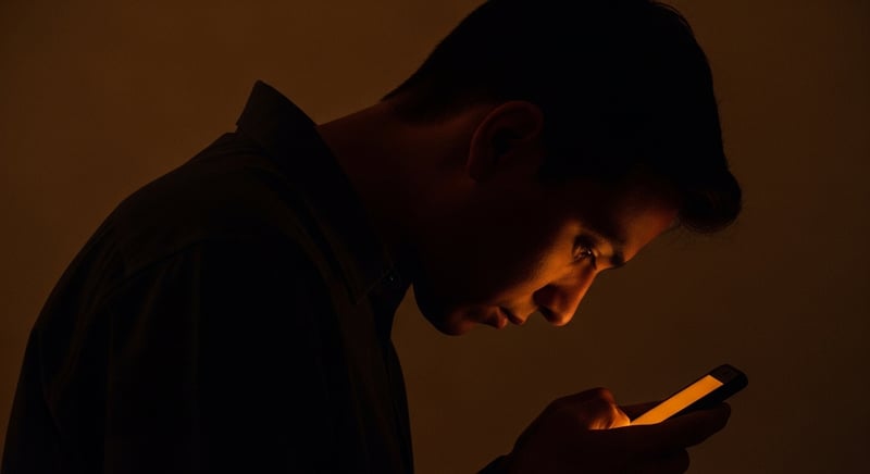 Person hunched over a phone showing strained neck posture from behind