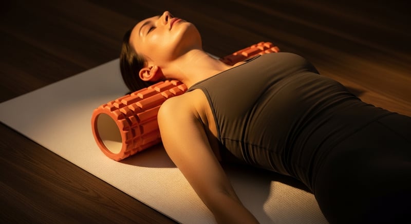 Anonymous figure lying on a cream yoga mat with a terracotta foam roller across the mid-thoracic spine in extension