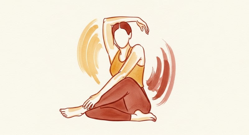 Watercolor of an anonymous figure performing a seated thoracic twist in honey gold and copper tones