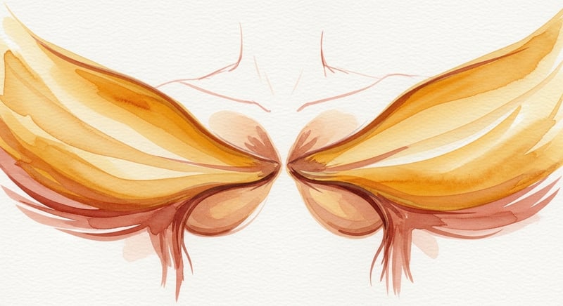 Watercolor of two warm gold ribbons sweeping outward like wings from a center point, representing the chest opening and shoulder blades retracting