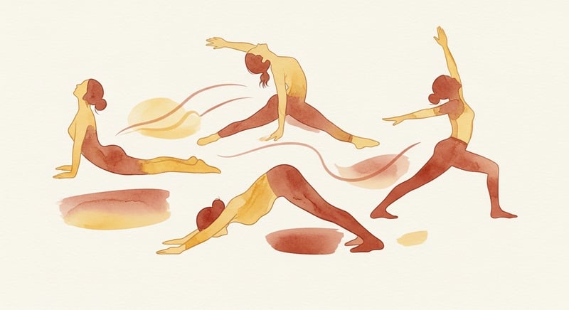 Watercolor of three anonymous figures flowing through cobra, downward dog, and warrior poses in honey gold and terracotta