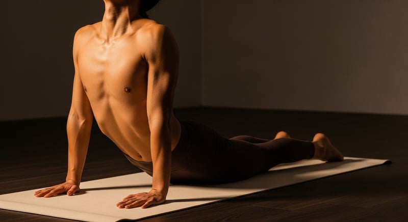Anonymous figure seen from behind in cobra pose, chest lifted and shoulders open, warm honey gold studio light